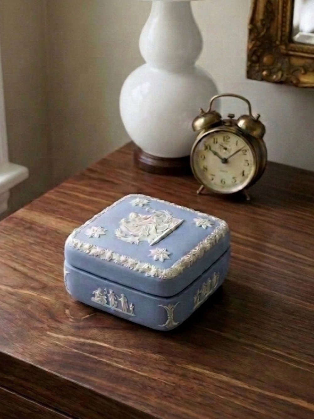 Wedgwood Blue Jasperware Square Trinket Box Classic Relief Grandmillennial Decor